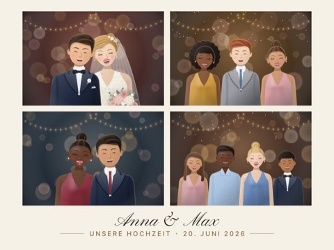 Beispieldruck im Hochzeitsdesign „Anna & Max“: Collage mit 4 gezeichneten Fotos