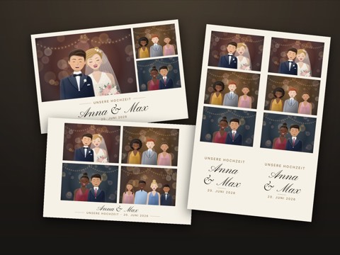 Beispieldrucke im Hochzeitsdesign „Anna & Max“: Collage mit 3 Fotos, Collage mit 4 Fotos und ein Blatt mit zwei Fotostreifen 2 × 6