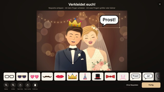 Requisiten-Editor: digitale Krone und Sprechblase „Prost!“ auf dem Foto des Brautpaars, darunter die Auswahl der digitalen Requisiten