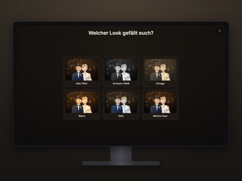 Green Screen und Filter: Gäste wählen für ihr freigestelltes Foto vor dem gewählten Hintergrund einen von sechs Looks